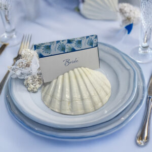 Natural scallop shell place card holders for wedding table decor